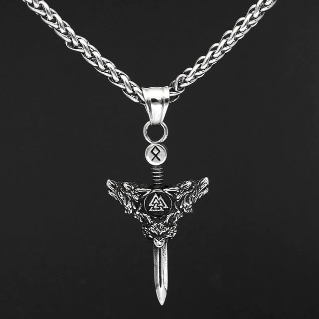 Stainless steel Viking sword pendant necklace with winged Valknut rune charm and round bead