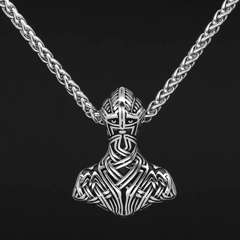 Stainless steel Viking warrior pendant necklace with chain and engraved face and cloak