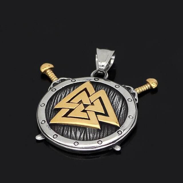 Viking valknut sword pendant necklace with round steel medallion, gold emblem and dagger hilts