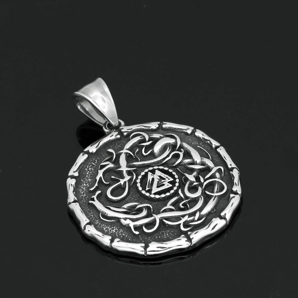 Stainless steel round pendant with Valknut emblem and Celtic knot swirl engraving