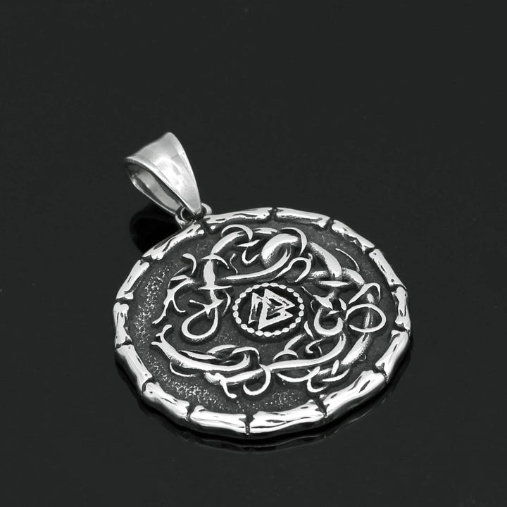 Stainless steel round pendant with Valknut emblem and Celtic knot swirl engraving