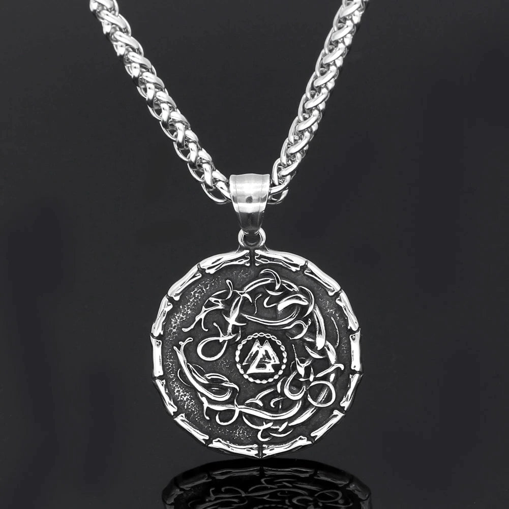 Stainless steel round pendant necklace with Valknut and Celtic knot engraving