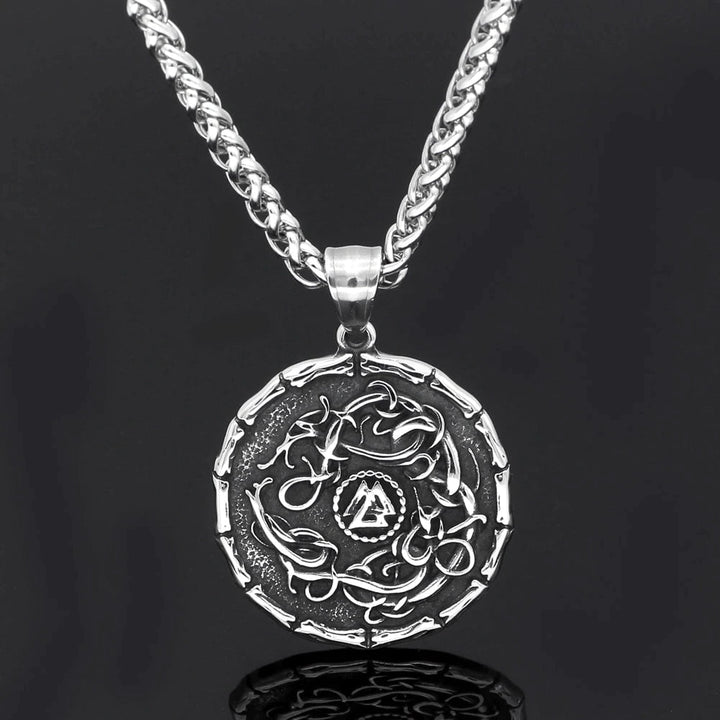 Stainless steel round pendant necklace with Valknut and Celtic knot engraving