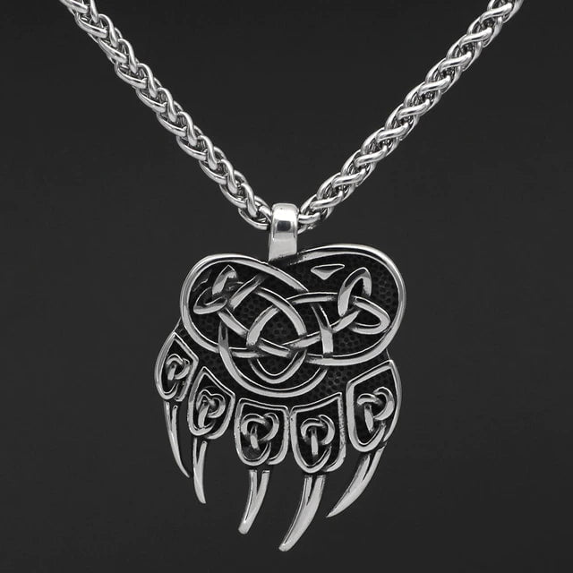 Stainless steel wolf paw pendant with Valknut knotwork and chain