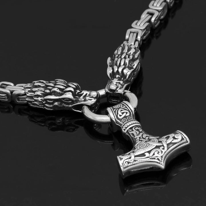 Vikings Dragon Head Mjolnir Stainless Steel Necklace