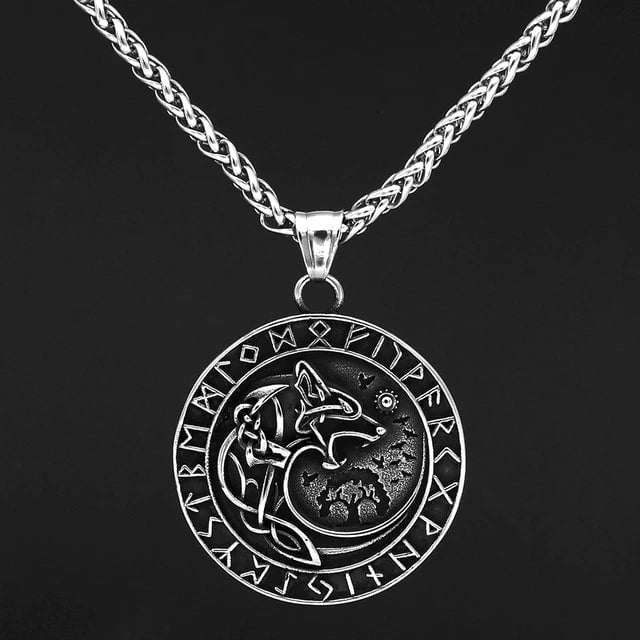Stainless steel round wolf and runes pendant on chain