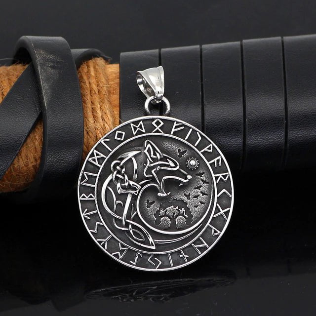 Stainless steel round wolf and runes pendant with globe detail on chain