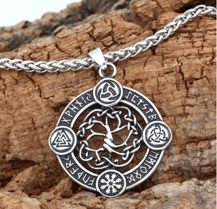 Stainless steel pendant necklace with round Celtic knot medallion and linked chain