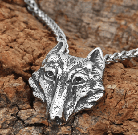 Wolf head pendant necklace with silver-tone chain, detailed Fenrir face charm