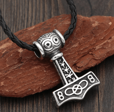 Black rope cord necklace with silver Thor face Mjolnir hammer pendant