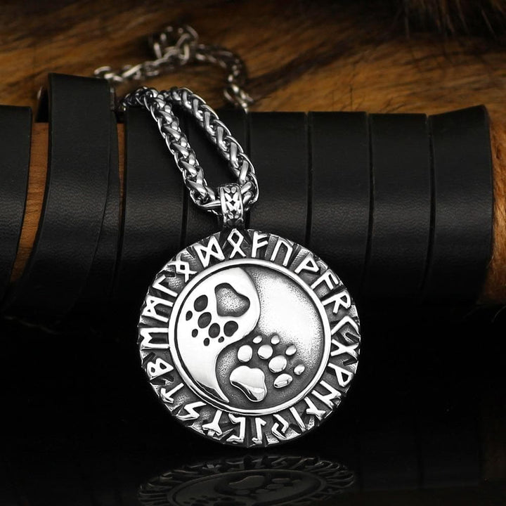 Stainless steel circular bear paw rune pendant with detailed paw prints
