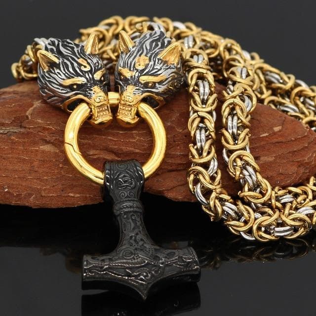 Viking wolf-head Mjolnir necklace with black hammer pendant and gold-tone chain