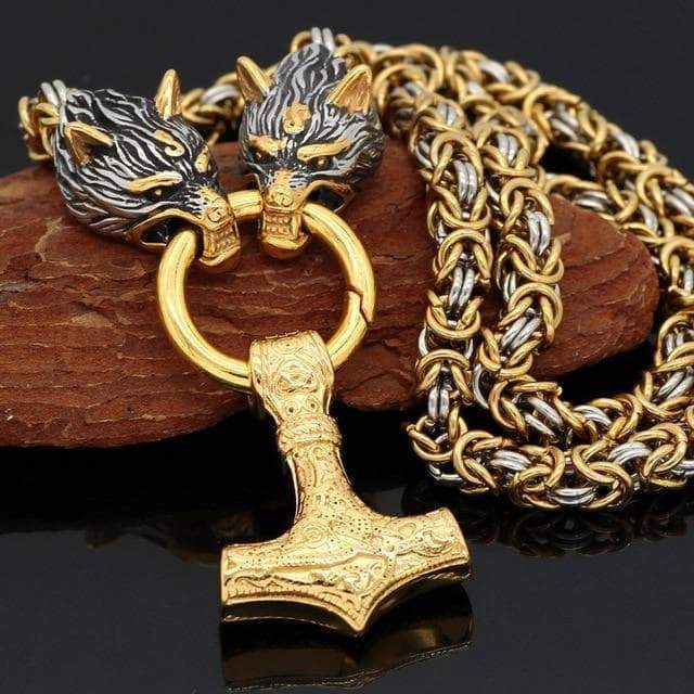 Viking wolf-head Mjolnir pendant necklace with gold-tone chain and detailed wolf heads
