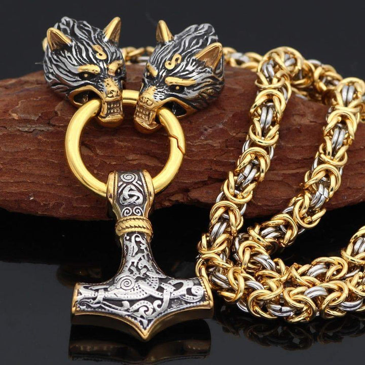 Viking wolf-head Mjolnir pendant necklace with gold-tone chain and round ring links