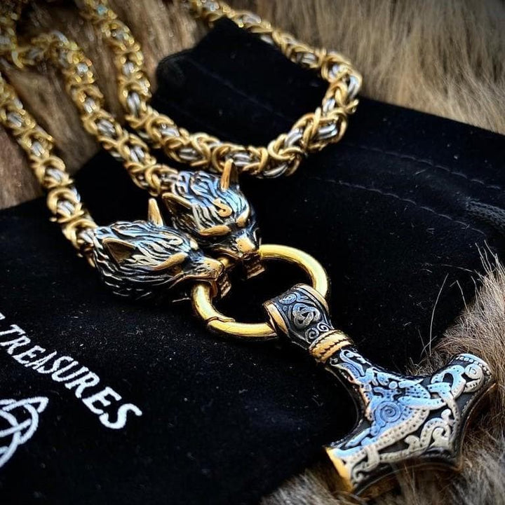 Viking wolf-head Mjolnir necklace with blue etched pendant and gold-tone chain