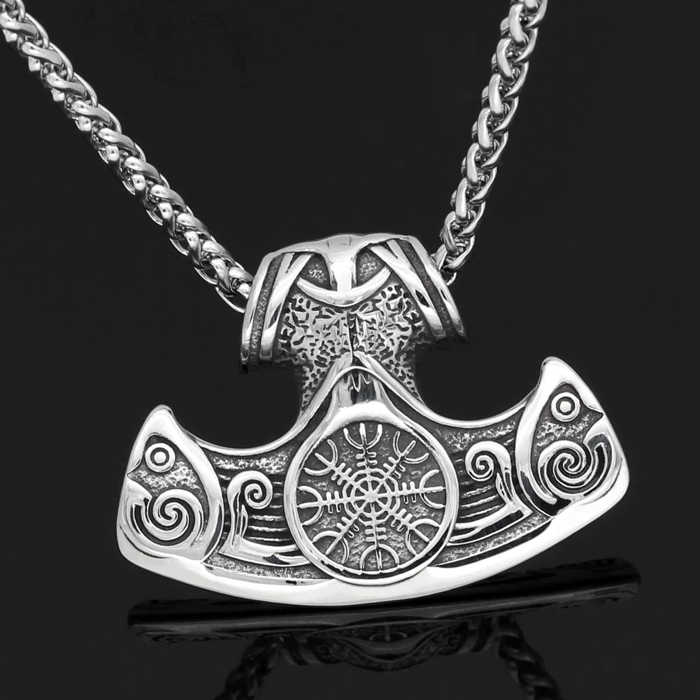 Stainless steel Viking axe pendant necklace with engraved helm of awe symbol