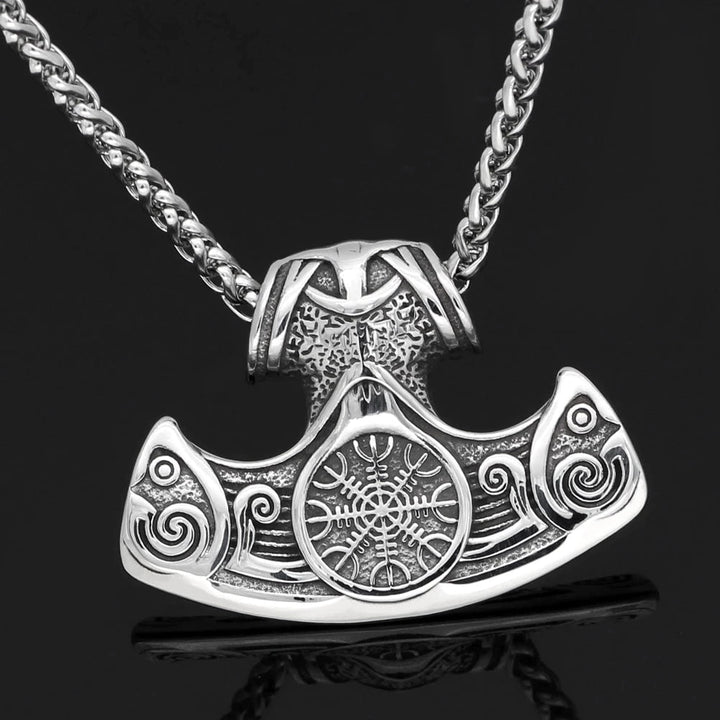 Stainless steel Viking axe pendant necklace with engraved helm of awe symbol