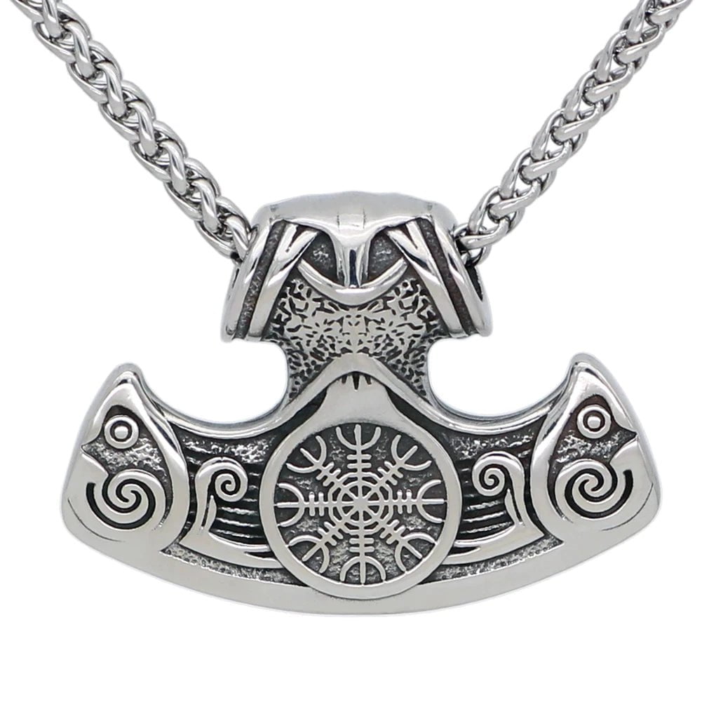 Stainless steel chain necklace with large engraved axe and helm pendant charm