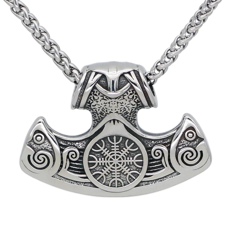 Stainless steel chain necklace with large engraved axe and helm pendant charm