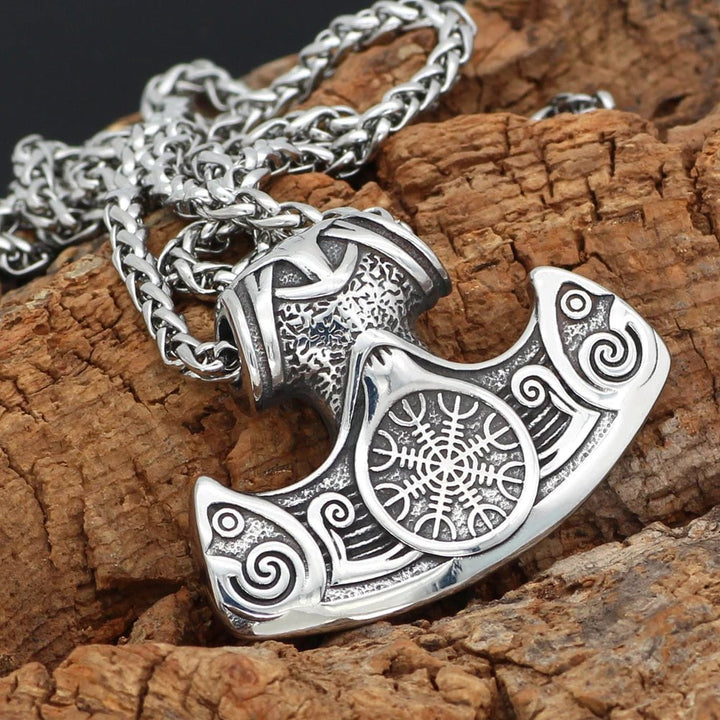 Stainless steel Viking axe pendant necklace, engraved swirl and helm of awe emblem