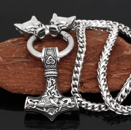 Viking silver-tone hammer pendant necklace with braided chain and engraved details