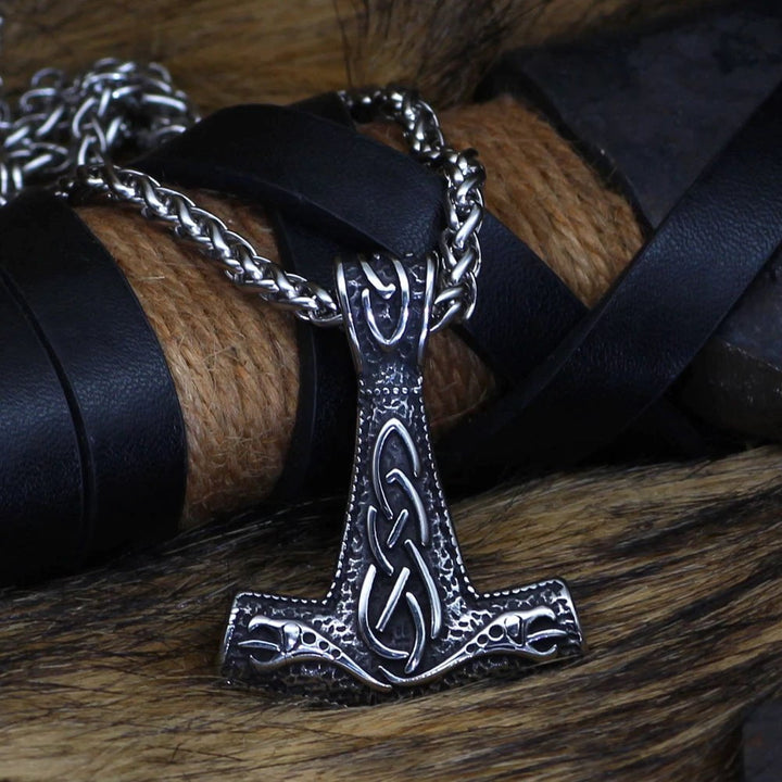 Stainless steel Mjolnir pendant necklace with dragon-style engraving and link chain