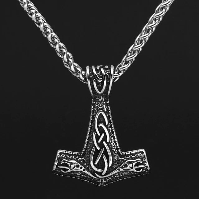 Stainless steel Mjolnir pendant with dragon engravings on metal chain