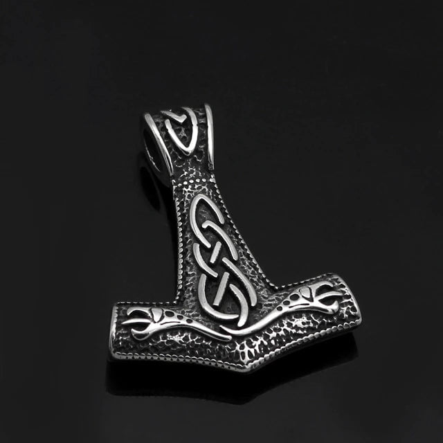 Stainless steel Mjolnir pendant with textured dragon-style design on chain