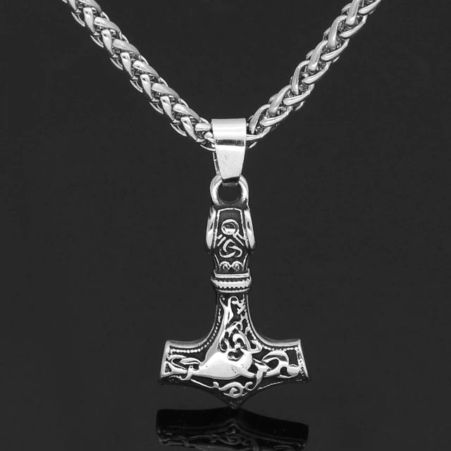 Stainless steel Mjolnir rune pendant necklace with chain and engraved hammer head