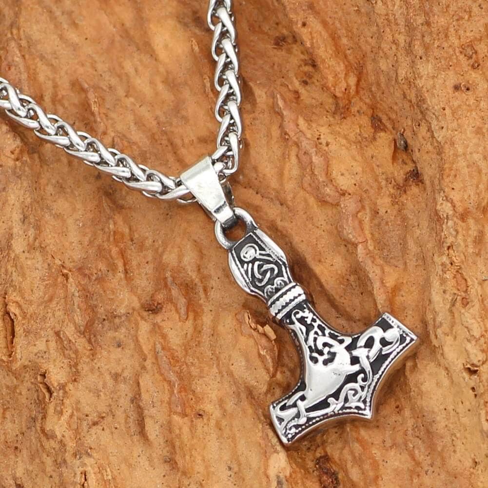 Stainless steel hammer pendant rune necklace on a silver-tone chain