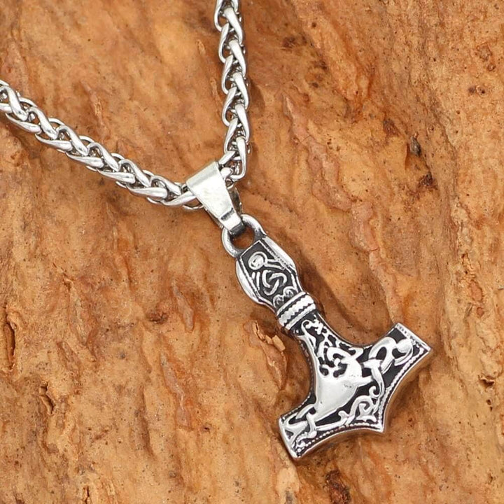 Stainless steel hammer pendant rune necklace on a silver-tone chain