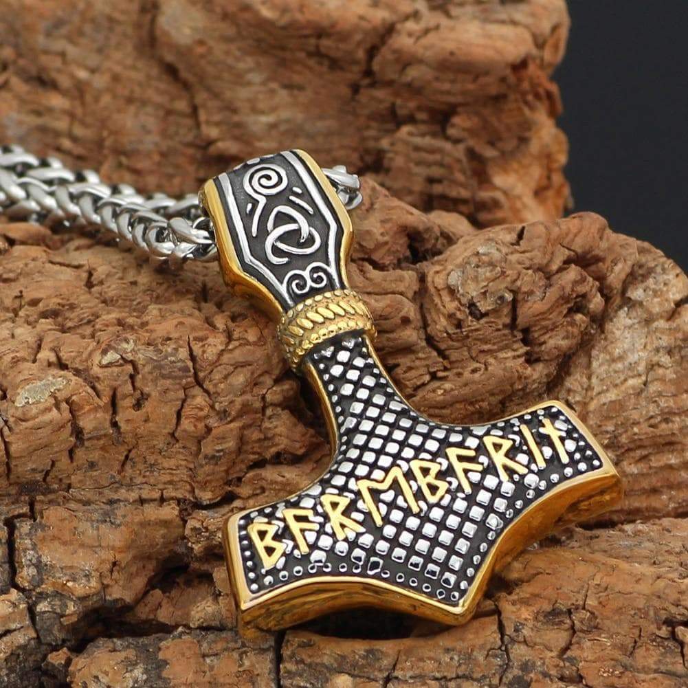Mjolnir rune hammer pendant necklace on silver chain, gold trim with etched letters