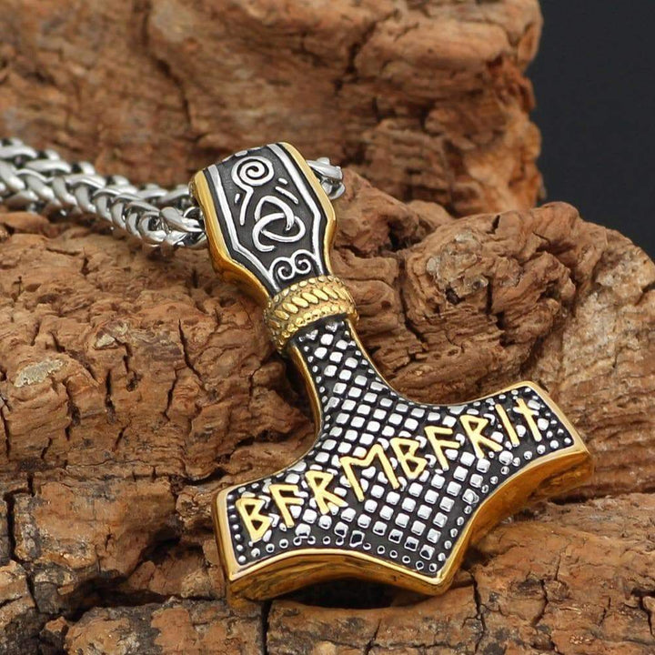 Mjolnir rune hammer pendant necklace on silver chain, gold trim with etched letters