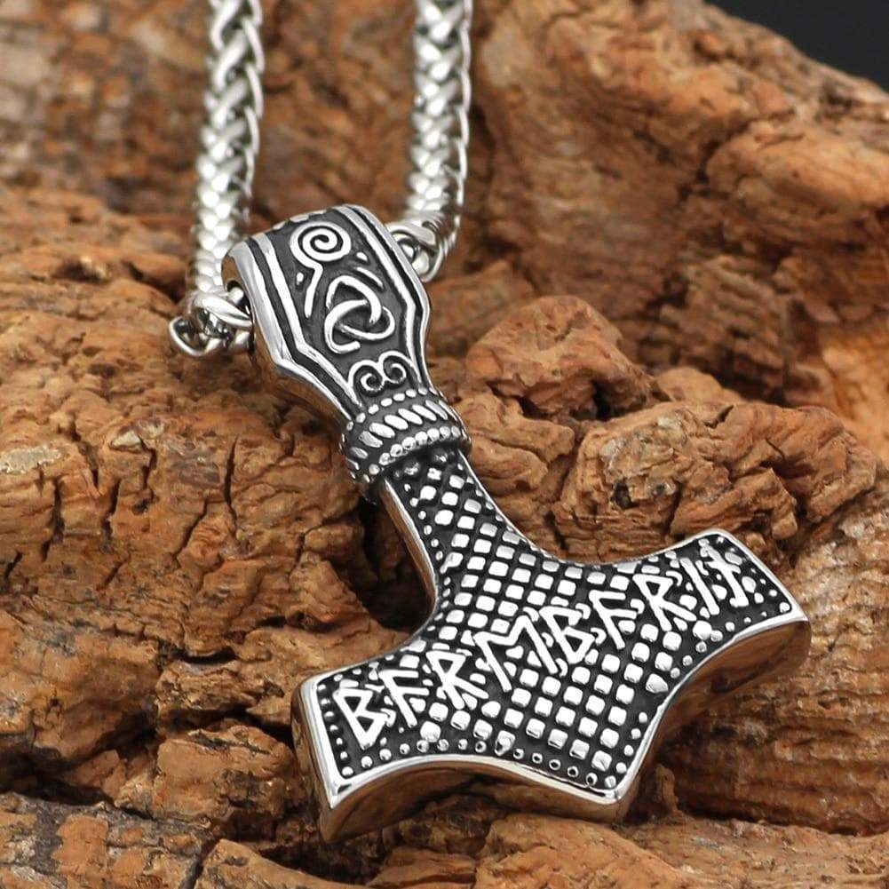 Mjolnir rune hammer pendant necklace on silver chain, black-and-white etched runes