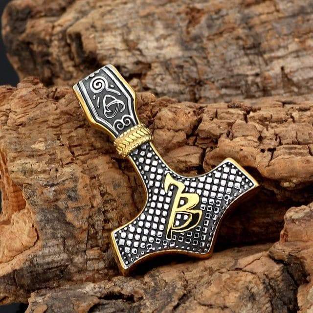 Mjolnir rune hammer pendant necklace, gold and silver-tone with etched runes