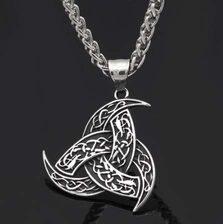 Stainless steel pendant necklace with horn-shaped knotwork design and chain