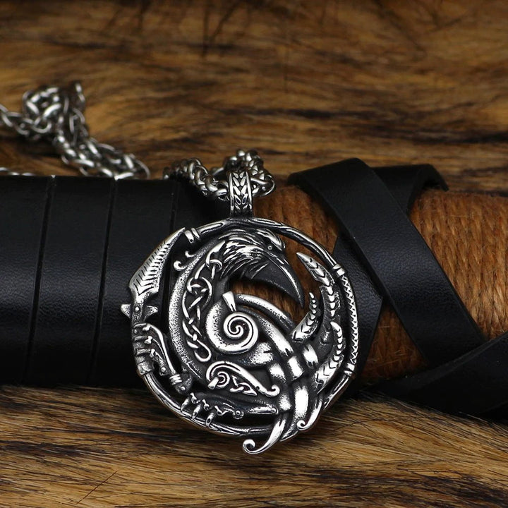 Stainless steel raven pendant necklace on black leather cord