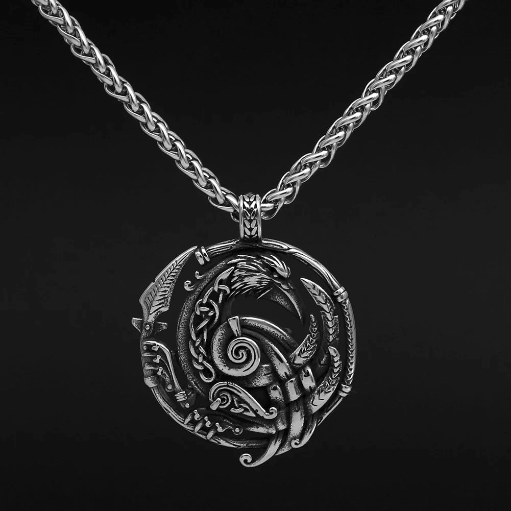 Stainless steel raven pendant necklace with twisted metal chain