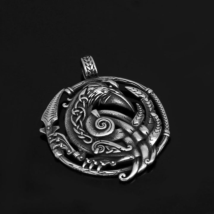 Stainless steel raven pendant necklace with engraved raven head charm