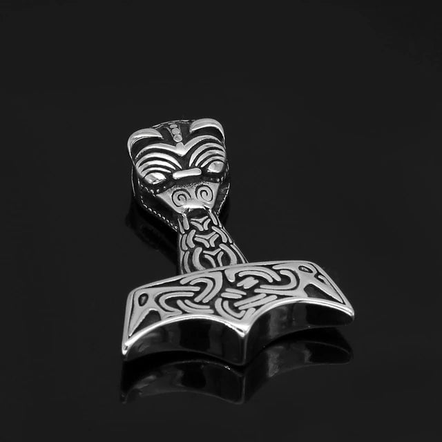 Stainless steel Thor’s hammer pendant with carved runes and knotwork detail