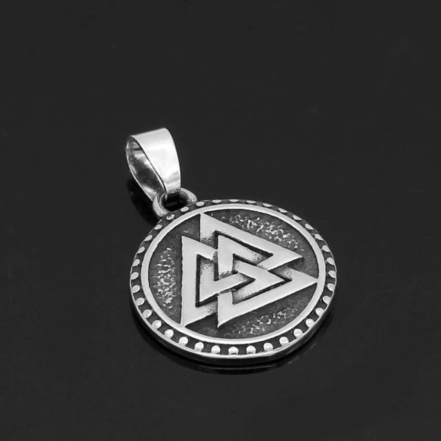 Round stainless steel Valknut pendant with beaded edge and silver bail on chain.