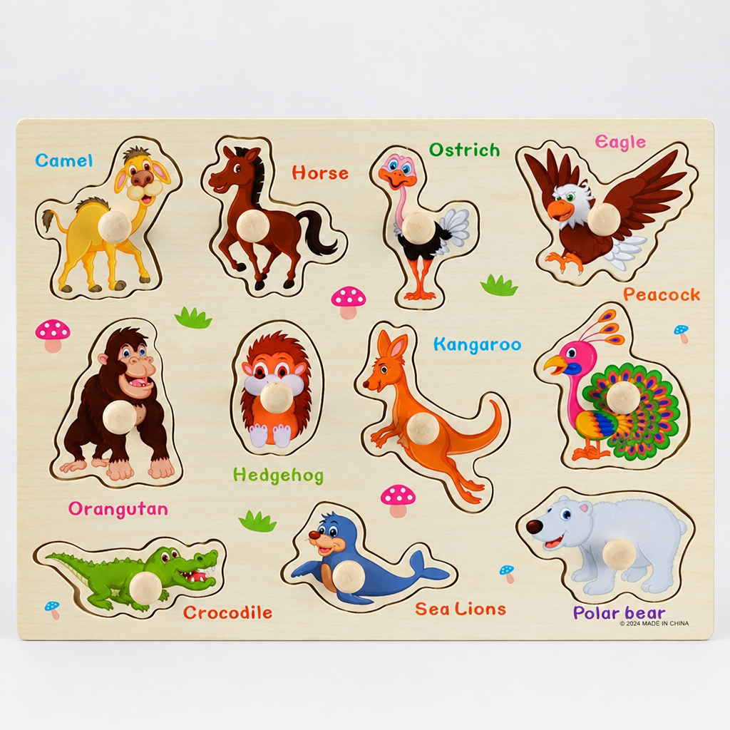 Wooden animal shape sorting puzzle board with 3D peg pieces and labels