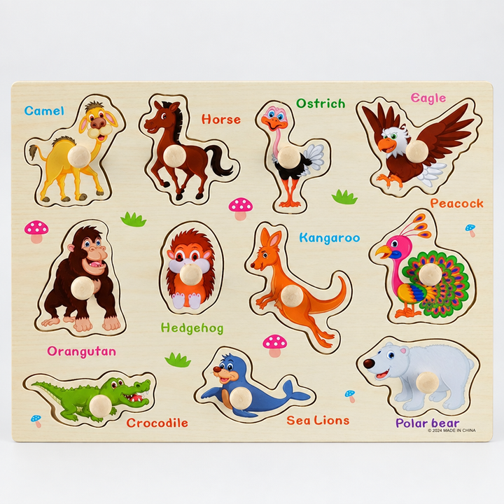 Wooden animal shape sorting puzzle board with 3D peg pieces and labels