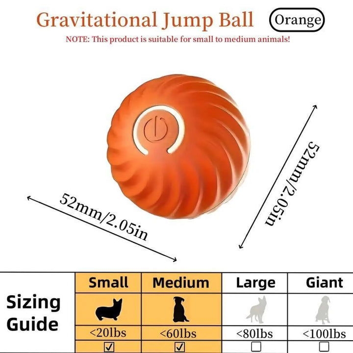 Orange gravitational jump ball toy with ridged shell and size guide