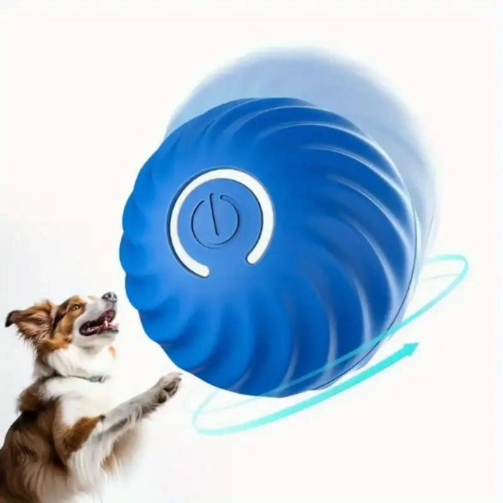 Blue pet bouncing jump ball toy with ridged shell and power symbol