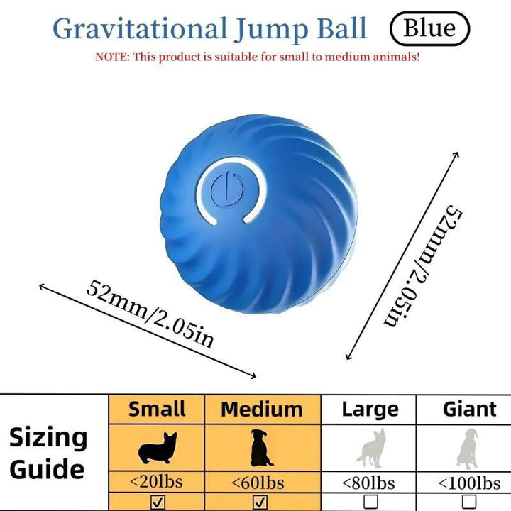 Blue gravitational jump ball toy with ridged shell and size guide