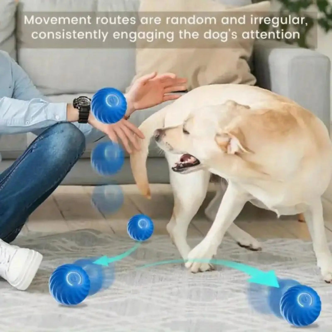 Blue bouncing jump ball toy rolling across a floor with direction arrows