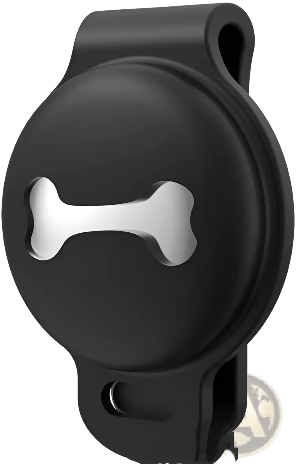 Black silicone pet tracker case with bone cutout and side opening