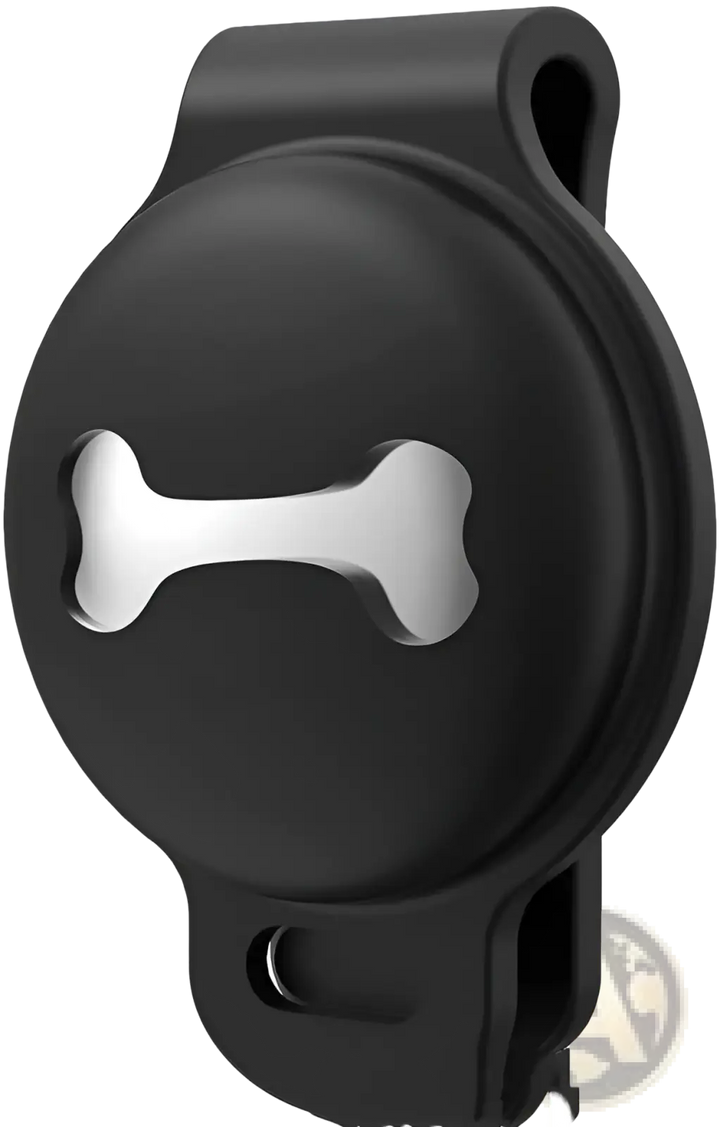 Black silicone pet tracker case with bone cutout and side opening