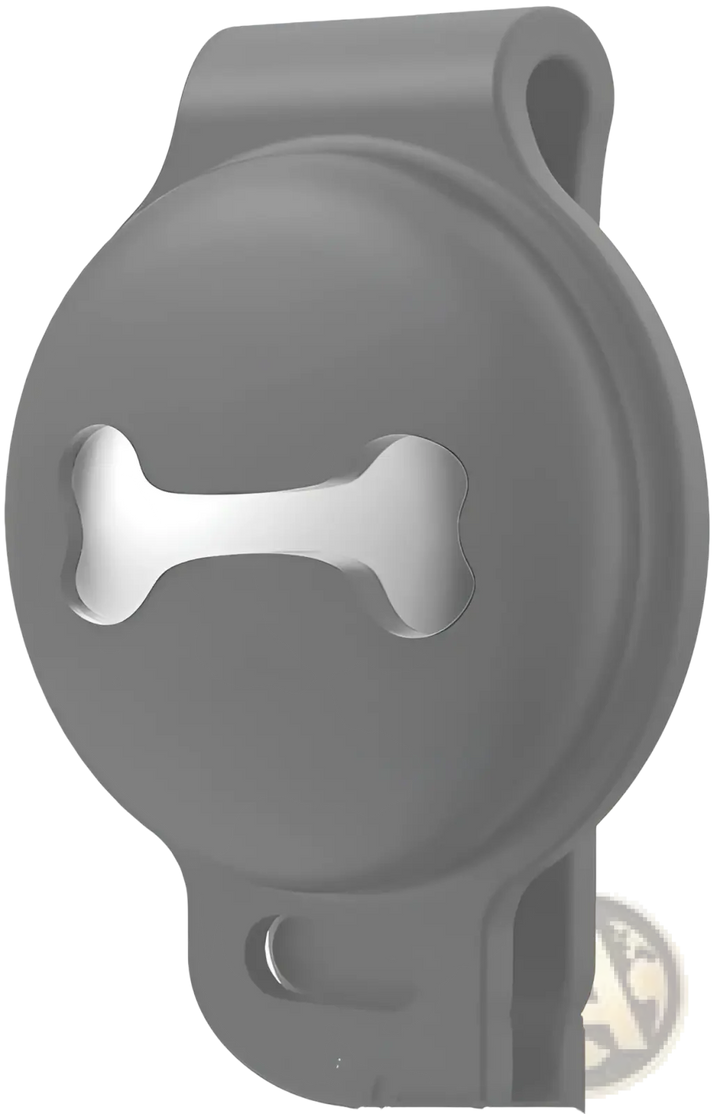 Gray silicone pet tracker case with bone cutout and side opening